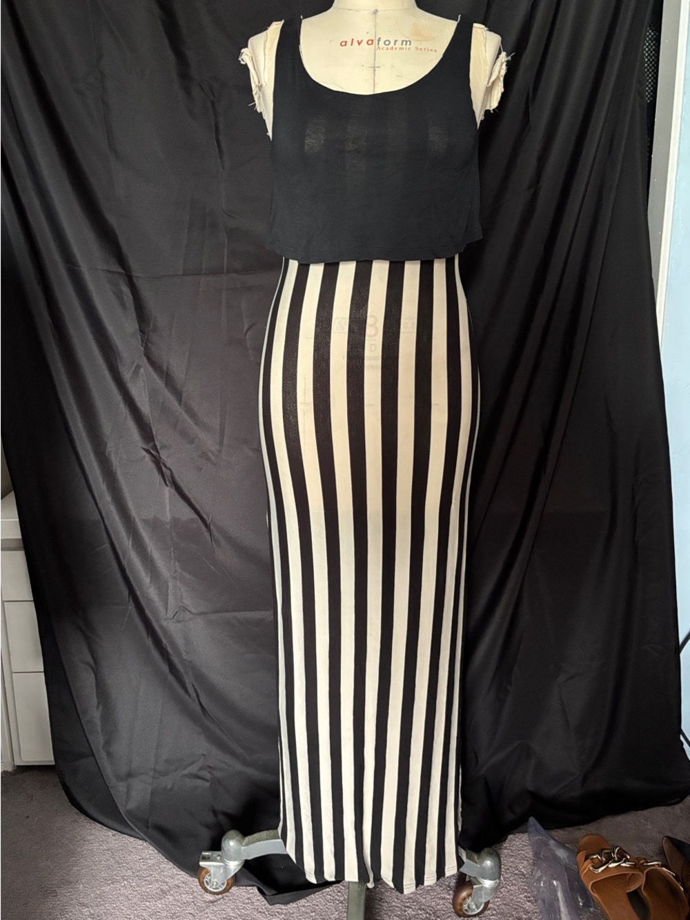 Black Crop Tank with Black and Cream Vertical Stripe Maxi Skirt